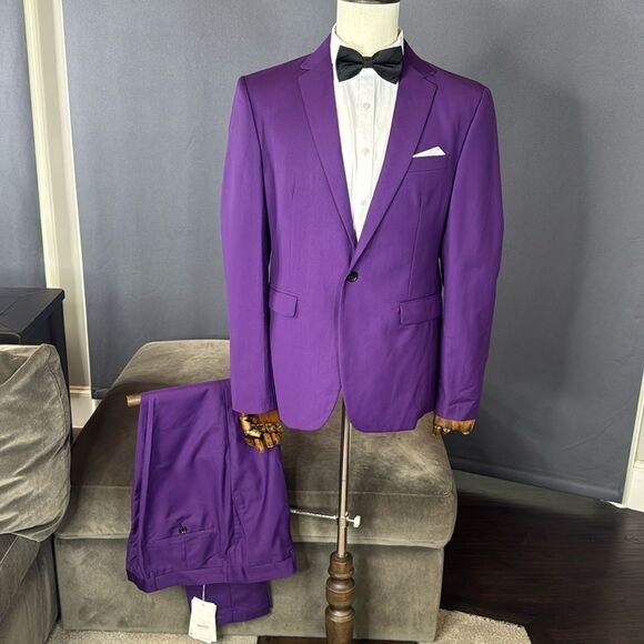 Men’s Purple 2 Piece One Button Single Breasted Suit 40 Jacket 36 Pants NEW - Picture 1 of 16